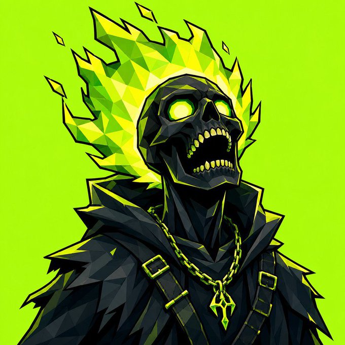 A geometric, low-poly style illustration of a skeletal figure with glowing green flames emanating from its skull, wearing a dark cloak and a gold chain necklace against a bright green background.