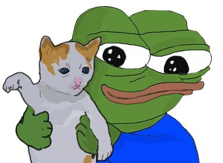 Cartoon illustration of Pepe the Frog holding a white and orange cat.