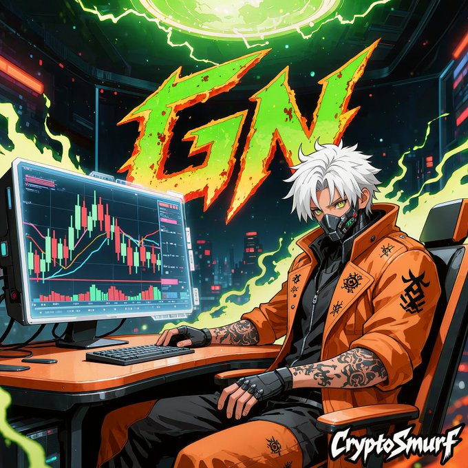 Anime-style artwork featuring a white-haired character in an orange jacket sitting at a desk with trading charts on a monitor, with 'GW' in green graffiti-style text and a 'CryptoSmurf' watermark.