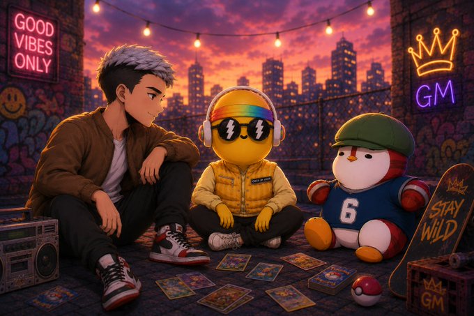 Anime-style illustration showing a young man sitting on a rooftop at sunset alongside two mascots, with neon signs reading "GOOD VIBES ONLY" and "GM", and a skateboard labeled "STAY WILD".
