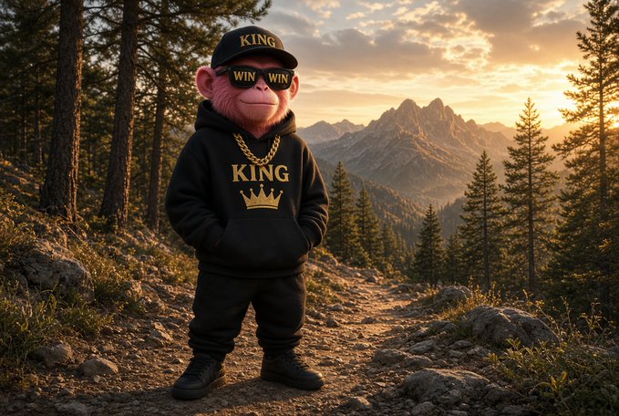 A digital image of a pink monkey character wearing a black 'KING' cap, 'WIN WIN' sunglasses, gold chain, and 'KING' hoodie, standing on a mountain trail at sunset.