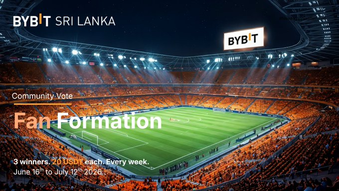 A promotional graphic for "BYB'T Sri Lanka" advertising a "Community Vote: Fan Formation" contest, offering 20 USDT each to 3 winners weekly from June 16th to July 12th, 2026. The image shows a packed football stadium under bright lights with the BYB'T logo displayed on a screen, complementing the football jersey voting campaign where users repost their favorite jerseys for a chance to win.