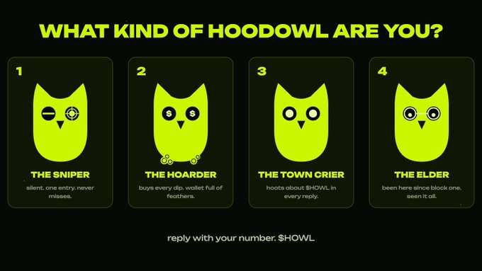 A quiz-style graphic titled 'WHAT KIND OF HOODOWL ARE YOU?' showing four neon green owl icons labeled '1 THE SNIPER', '2 THE HOARDER', '3 THE TOWN CRIER', and '4 THE ELDER' with descriptions, asking users to 'reply with your number. $HOWL'.