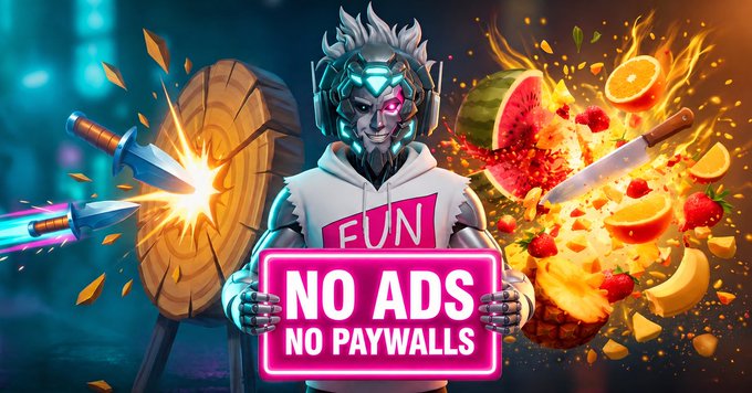 A promotional banner featuring a futuristic cyborg character with the text 'NO ADS NO PAYWALLS' in pink neon, surrounded by dynamic imagery of swords, fruit, and fire.