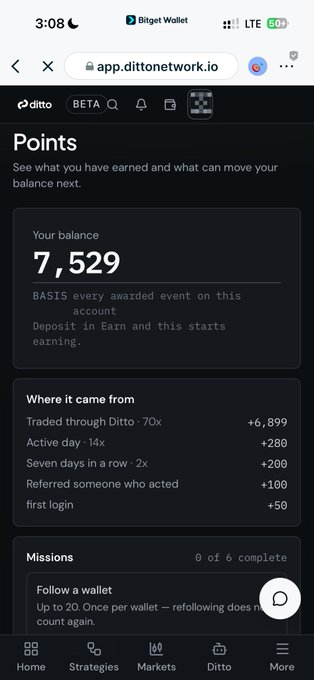 A mobile page for “Ditto” in a “Briget Wallet” browser shows a points balance of 7,529, point-source entries, and a “Missions” section with 0 of 6 complete.