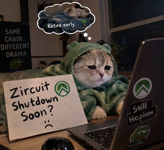 A humorous photo of a cat wearing a green frog hoodie sitting in front of a laptop, with a thought bubble reading 'Retire early...', a sign saying 'Zircuit Shutdown Soon? :(', and a laptop sticker reading 'Still Hopium'.