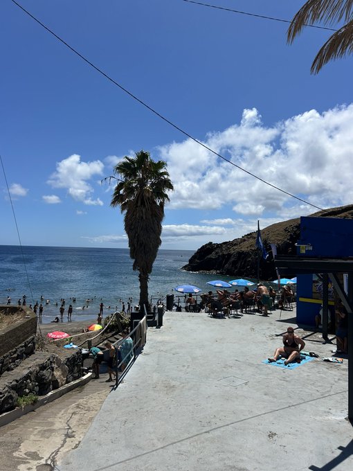 A sunny beach scene features people swimming and sunbathing near a tall palm tree, with a blue structure displaying "SOL" signage to the right, tying the Solana cryptocurrency branding into the relaxed coastal setting.