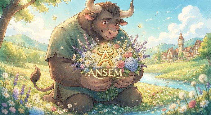 A digital illustration of a gentle minotaur character holding a bouquet of wildflowers, with the name 'ANSEM' and a logo displayed across the flowers.