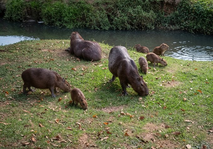 A group of capybaras, including adults and young ones, graze on the grassy bank next to a calm pond or stream.