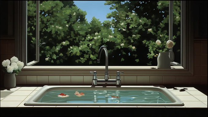 An anime-style illustration of a kitchen window looking out onto green foliage with white flowers, featuring a sink with a goldfish floating in the water.