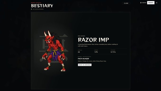 A video game 'BESTIARY' screen displaying the 'RAZOR IMP' demon enemy from Demon Archive with stats (Rank 86, Sense 12%, Attack 0.73%) and flavor text about being a scavenger in chains.