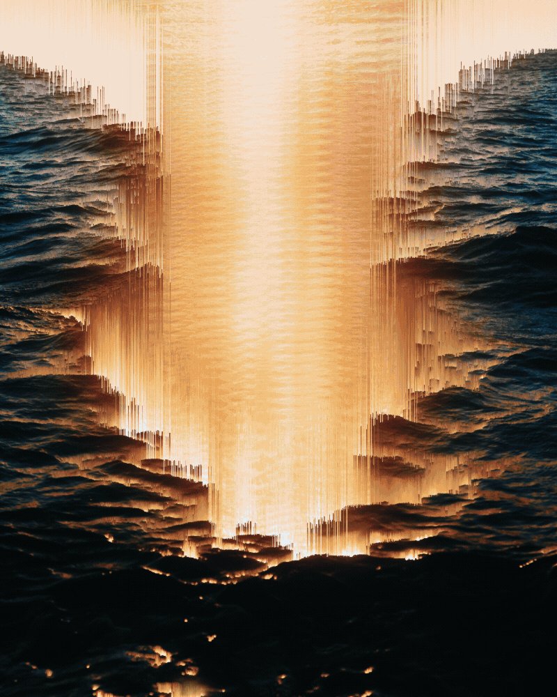 The image features an abstract painting or digital art piece that depicts a waterfall cascading down into a dark blue ocean, with a warm orange glow at its center. The artwork has a surreal and dreamlike quality due to the use of color and light manipulation techniques. The artist's name is mentioned in the caption, but it does not provide any additional information about the artwork or the creator.