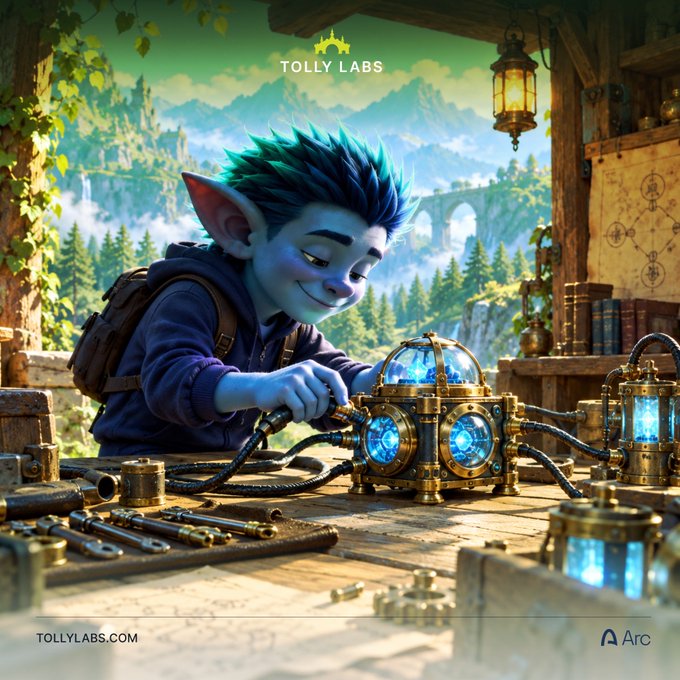 A blue-skinned elf-like character with spiky teal hair tinkers with a glowing steampunk device on a workbench in a mountain workshop, with the "TOLLY LABS" logo visible at the top and "TOLLYLABS.COM" and "Arc" text at the bottom. The image visually represents the "building" and "developing" of new tools mentioned in the post, symbolizing TOLLY Labs as the creators engineering the next layer of innovation and revenue streams for the Arc ecosystem.