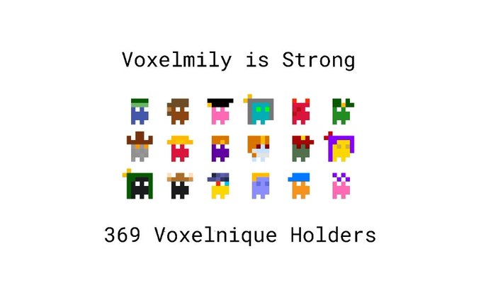 A graphic featuring pixel art characters in a grid with the text 'Voxelmily is Strong' at the top and '369 Voxelnique Holders' at the bottom.