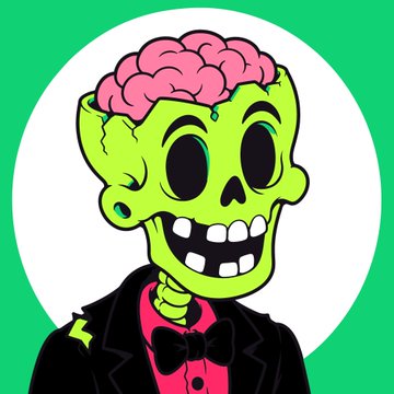 A cartoon zombie-like character with an exposed pink brain, green skin, and a black suit with a red bow tie on a green background.