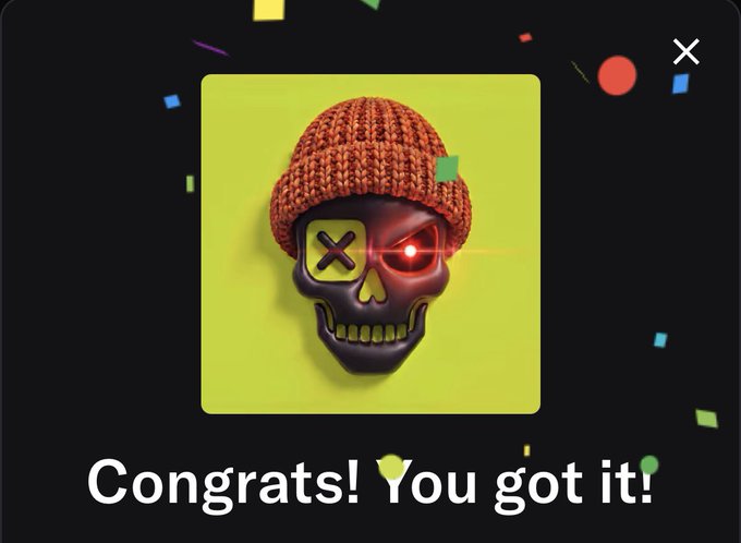 A graphic of a skull wearing an orange knit beanie with a red glowing eye and an X over the other, on a yellow background with confetti and the text 'Congrats! You got it!'