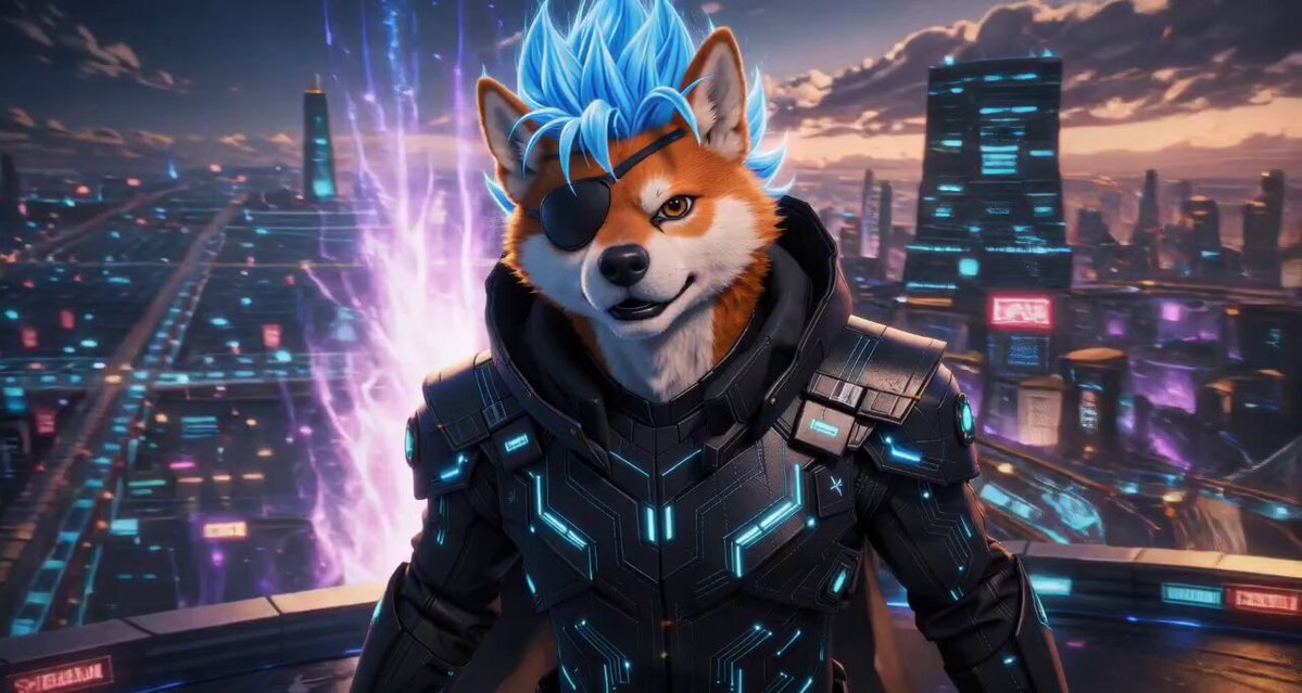 ursa, a red and white dog with blue hair, stands on a rooftop in a futuristic cityscape, wearing a black suit and helmet.