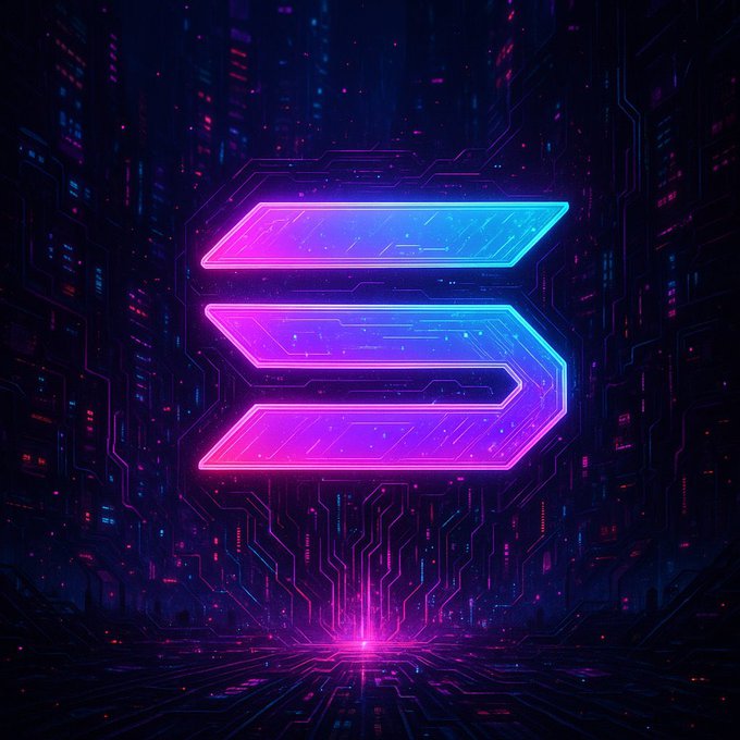 A neon pink and blue glowing letter 'S' logo set against a dark circuit board background with a cyberpunk aesthetic.