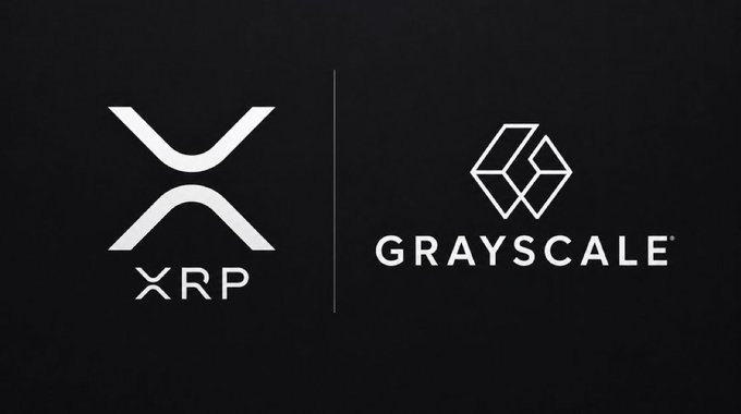 A promotional image with a black background showing the XRP logo on the left and the Grayscale logo on the right, separated by a vertical line.