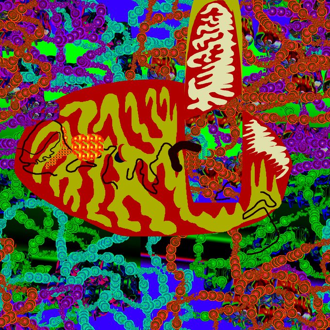 An abstract, psychedelic digital artwork featuring a red and yellow amoeba-like organic shape with wavy patterns set against a chaotic, colorful chain-link background.