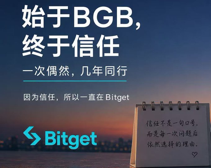 A Bitget cryptocurrency advertisement with Chinese text "始于BGB, 终于信任" (Started with BGB, ended with trust) and "一次偶然, 几年同行" set against a sunset cityscape, with a notepad reading "信任不是一句口号, 而是每一次问题后 依然选择的理由。"