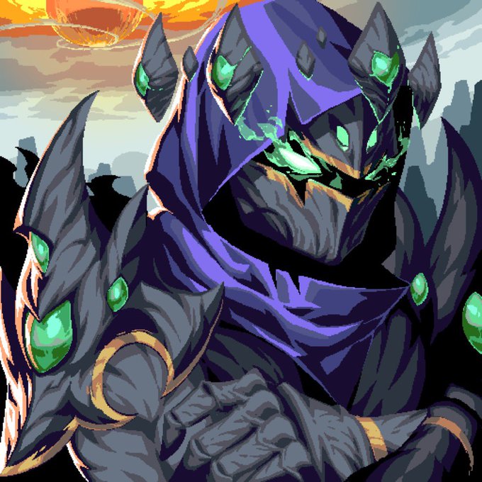 Pixel art of an armored character with a purple hood, green glowing eyes and gems, set against a cloudy sky with planets.