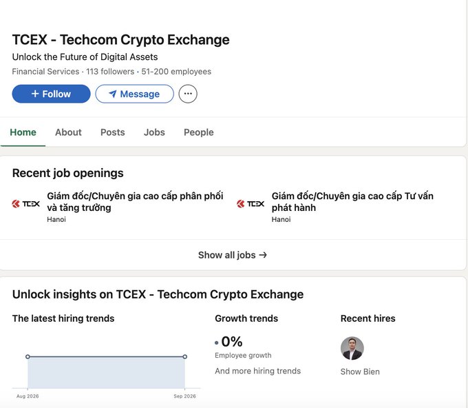 A LinkedIn company page for 'TCEX - Techcom Crypto Exchange' in Financial Services with 113 followers and 51-200 employees, showing recent job openings in Hanoi for senior distribution and advisory roles.