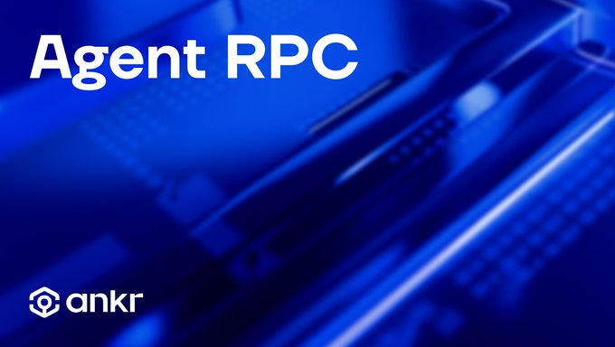 The image displays the text "Agent RPC" prominently in white against a blue-tinted background featuring server hardware, with the Ankr logo in the bottom left corner. It serves as a promotional graphic for Ankr's launch of Agent RPC, a service designed to enhance crypto agents by reducing token costs, enabling cross-chain functionality, and allowing autonomous RPC infrastructure management.
