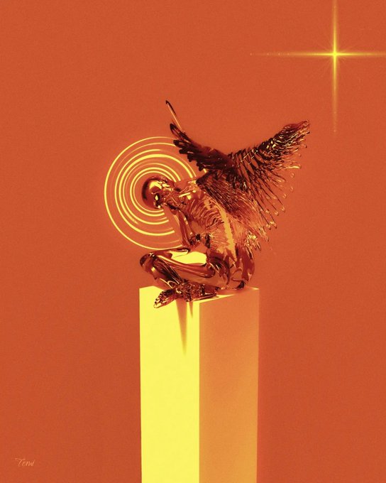 A golden 3D rendered figure of a winged being sitting on a yellow pillar, blowing a glowing horn that creates concentric circles, set against a solid orange background with a bright star.