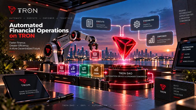 A promotional graphic for TRON cryptocurrency showcases "Automated Financial Operations on TRON" with imagery of a city skyline, robotic arms, and a red TRX diamond logo.