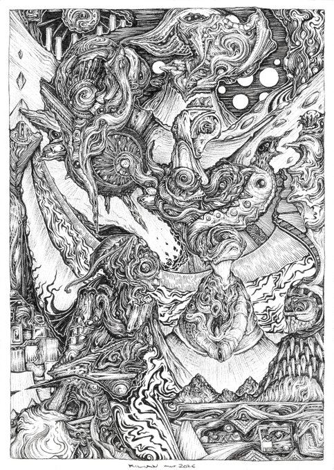 A detailed black and white pen-and-ink drawing filled with surreal, swirling, biomorphic shapes, eyes, and intricate line work, signed and dated 2026 at the bottom.