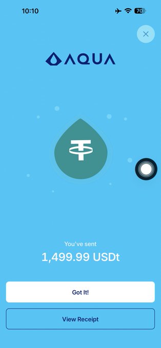 A mobile app screenshot from AQUA showing a successful transaction confirmation: 'You've sent 1,499.99 USDt' with 'Got It!' and 'View Receipt' buttons.