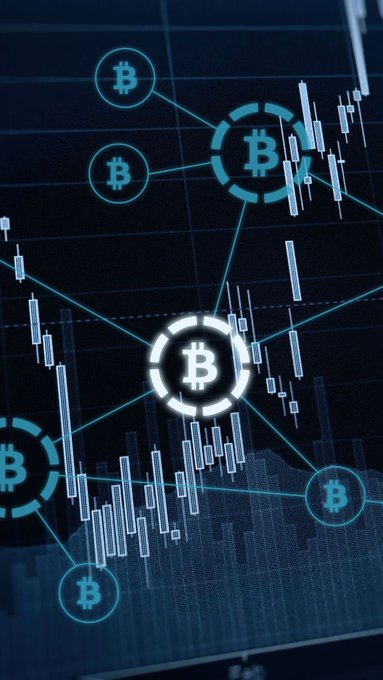A digital graphic displays Bitcoin (₿) symbols connected by lines overlaid on candlestick trading charts against a dark blue background.