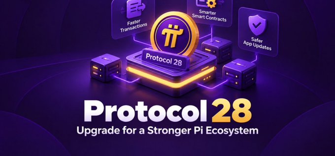 A promotional graphic for "Protocol 28" with the tagline "Upgrade for a Stronger Pi Ecosystem," featuring icons highlighting Faster Transactions, Smarter Smart Contracts, and Safer App Updates around a central Pi coin logo.

The image visually represents the Protocol 28 software upgrade being discussed, emphasizing the key technical improvements (faster transactions, smarter smart contracts, safer app updates) while the caption clarifies that this is an upgrade rather than a Mainnet launch or exchange listing milestone.