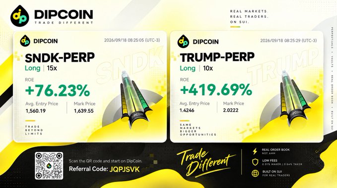 A promotional graphic for DIPCOIN exchange showcasing ROE results: SNDK-PERP at +76.23% (Long, 15x) and TRUMP-PERP at +419.69% (Long, 10x), with a referral code JQPJSVK.