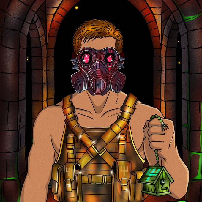 An illustrated artwork of a muscular figure with blonde hair wearing a spiked gas mask with glowing pink eyes, dressed in tactical gold/bronze gear, and holding a small green house-shaped charm on a beaded chain.