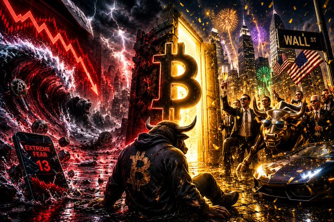 A split-scene illustration shows Wall Street celebrating with a glowing bull, fireworks, and a "WALL ST" sign on the right, while a defeated bull in a Bitcoin hoodie sits before a crashing red wave on the left, with a phone displaying "EXTREME FEAR 13." The image visually contrasts crypto's plunge—BTC near $60K after a 20-month low and ETH down 8%—against the stock market's bullish festivities.