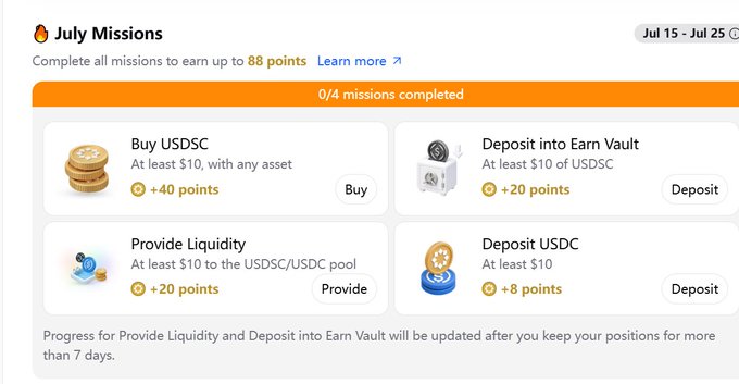 July Missions promotional page showing 0/4 missions completed for Jul 15 - Jul 25, offering up to 88 points for tasks like Buy USDSC (+40), Deposit into Earn Vault (+20), Provide Liquidity (+20), and Deposit USDC (+8).