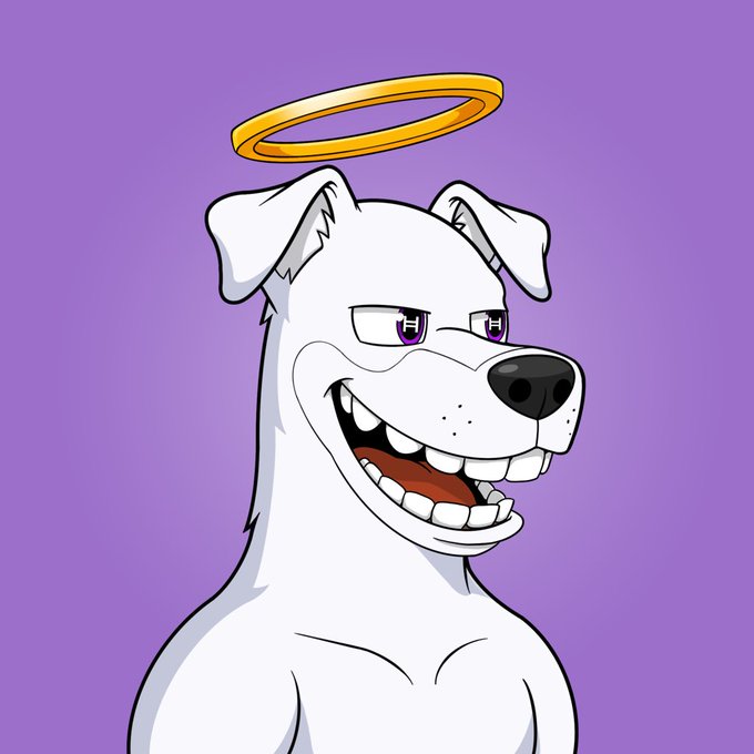 A cartoon illustration of a smiling white dog with purple eyes and a golden halo above its head, set against a solid purple background.