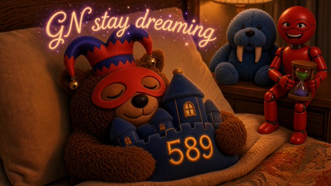 A whimsical image showing a teddy bear wearing a jester mask sleeping in a bed hugging a castle pillow marked '589', accompanied by the glowing text 'G.N stay dreaming', with a blue walrus plush and a red robot holding an hourglass in the background.