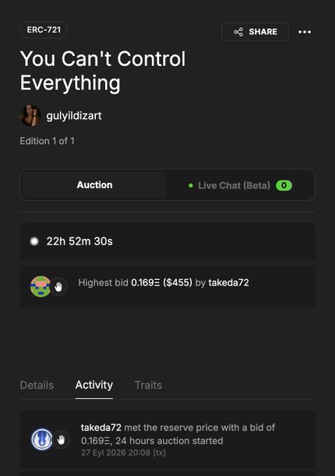 Screenshot of an NFT auction page titled 'You Can't Control Everything' by gulyidizart, showing a highest bid of 0.169Ξ ($455) by takeda72 with 22h 52m 30s remaining.