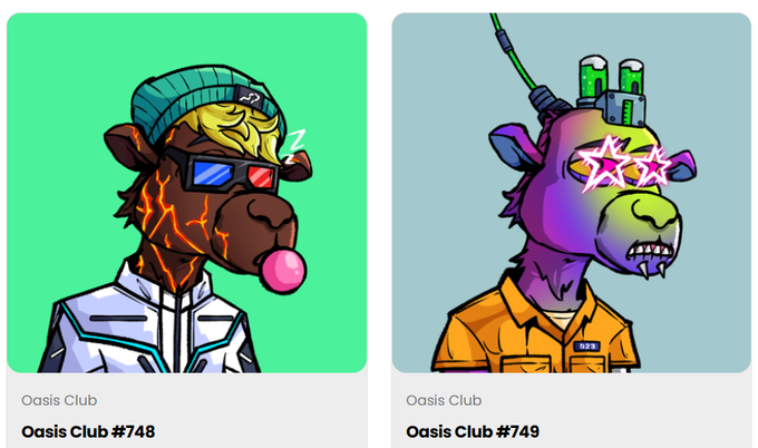 Two cartoon-style NFT illustrations labeled 'Oasis Club #748' and 'Oasis Club #749,' depicting anthropomorphic animal characters with cyberpunk and sci-fi aesthetics wearing sunglasses and futuristic headgear.