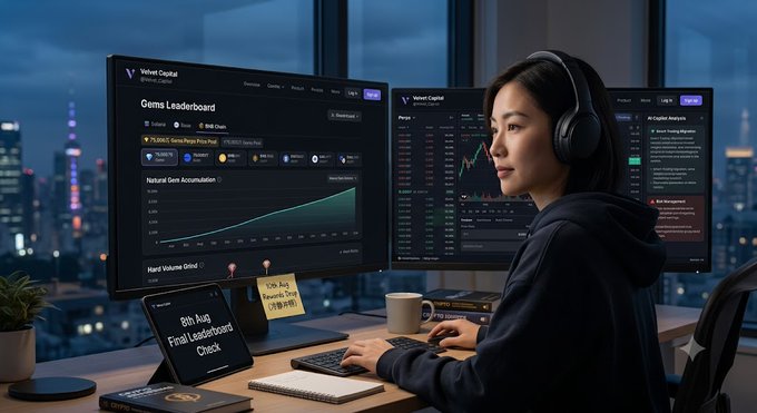 An AI-generated or stylized image of an Asian woman wearing headphones, working at a desk with multiple monitors displaying cryptocurrency leaderboards and charts for 'Velvet Capital,' with sticky notes reminding her to check the '9th Aug Final Leaderboard'.