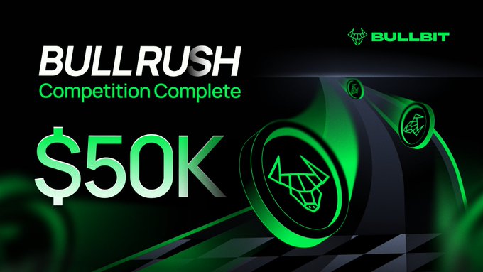 The image features an advertisement for a competition called "Bull Rush". The text on the image reads "Bull Rush Competition Complete", indicating that the competition has ended, and the winner can be seen at the bottom of the image. The background of the image is black with green elements, giving it a futuristic feel. There are two green coins in the center of the image, symbolizing the currency used in the competition. The text "Bull Rush" is written in white letters above the coins and below the competition title.