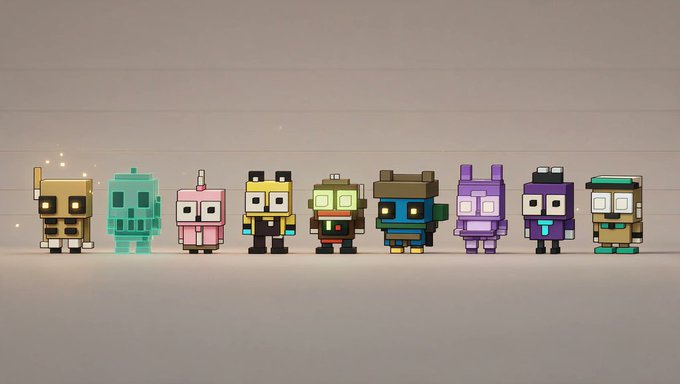 A lineup of pixel-art, cube-shaped character figures stands in a row against a plain beige background, including a translucent green ghost and various colorful robot-like creatures.