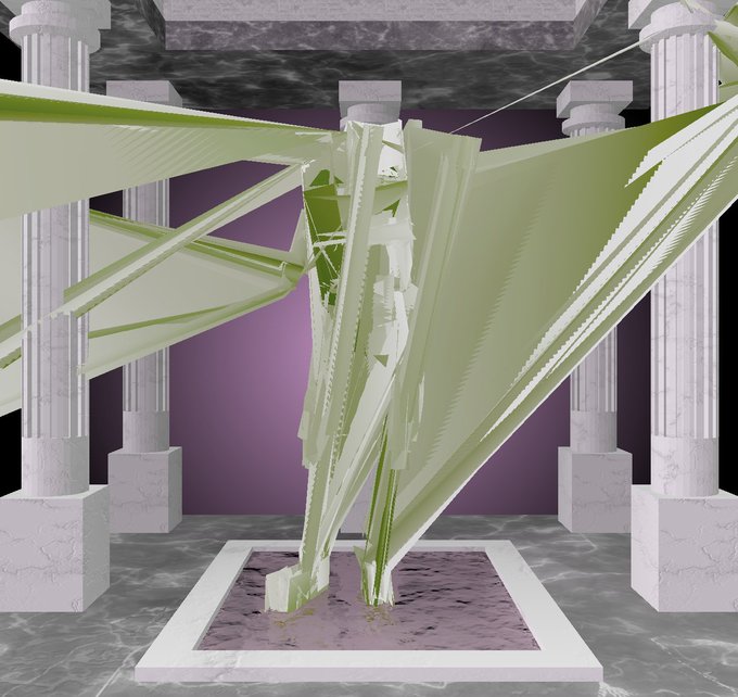 A 3D-rendered scene showing a fractured green crystalline object suspended between white columns in a marble room with a purple backdrop.