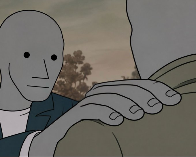 Minimalist illustration of a bald figure with simple facial features holding another figure's hand, set against a muted background of trees and sky.
