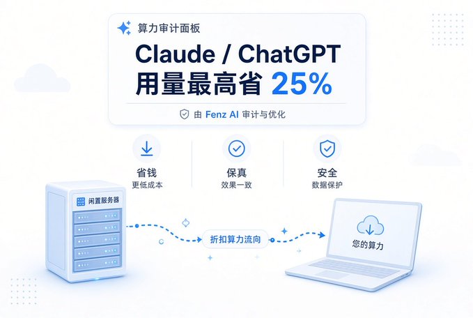 An advertisement in Chinese for a computing power audit panel, promoting up to 25% savings on Claude/ChatGPT usage through Fenz AI.