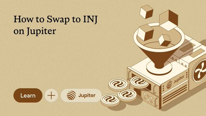 A promotional graphic with the text "How to Swap to INJ on Jupiter" showing cubes being processed through a funnel into a machine labeled Jupiter, with a Learn button.