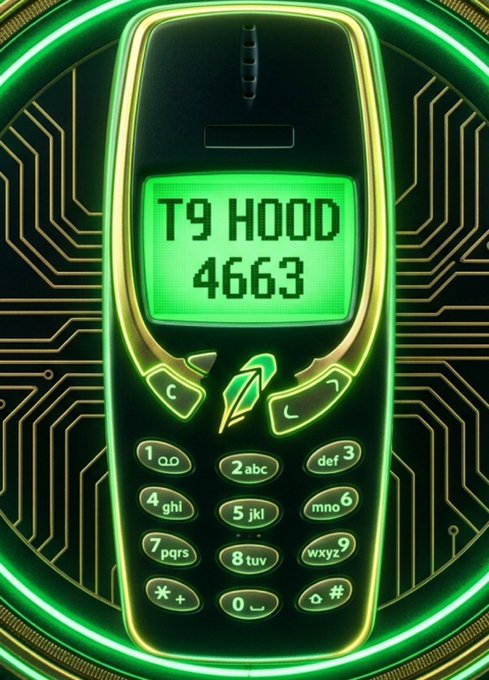 A digital illustration of an old Nokia-style mobile phone with a glowing green screen displaying "T9 HOOD 4663," surrounded by a circuit board pattern and neon green circular border.